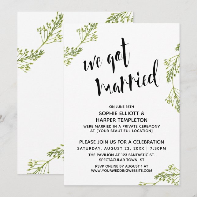 Botanische Wir Got Verheiratete Typografie Post Ho Einladung (Vorne/Hinten)