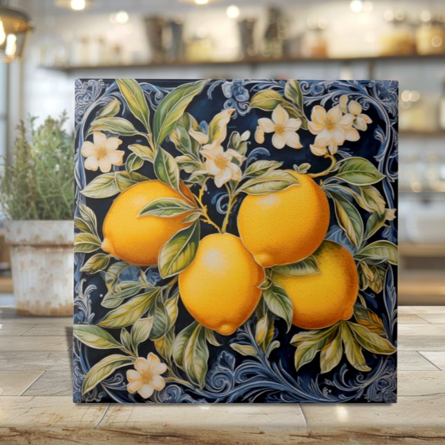 Botanische Zitronen Navy Fliese (Botanical Italian Lemons on Navy - Ceramic Tile with filigree and blossoms)