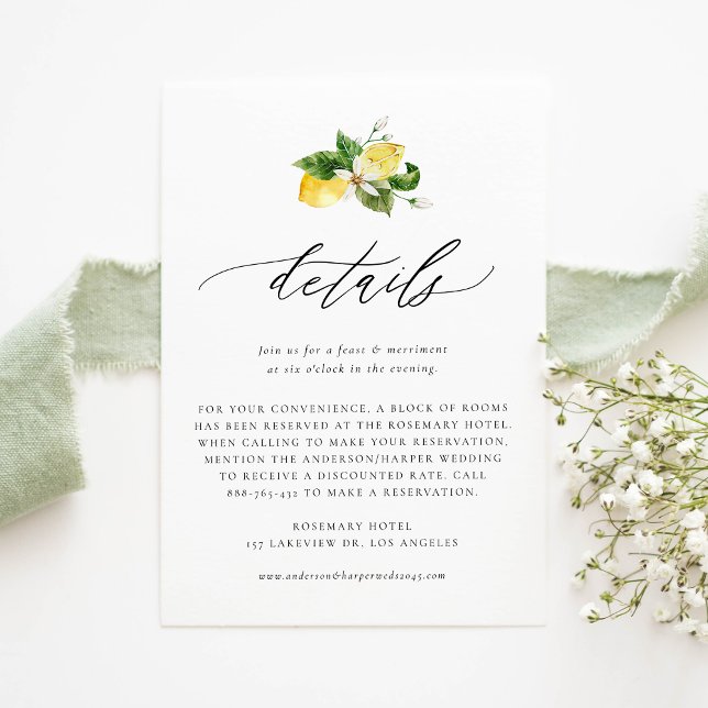 Botanische Zitronen und Grüne Hochzeiten Details Begleitkarte (Customizable Details Card with Watercolor Lemons, Blossoms and Greenery | Lemon Wedding Details Card)