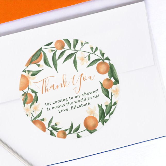 Botanische Zitrusfrüchte-Süsse-Babydusche Runder Aufkleber (Botanical citrus orange little cutie baby shower classic round sticker)