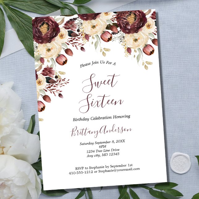 Botanischer 16 . Geburtstag 16 Einladung (Burgundy Maroon White Floral Botanical Formal Sweet Sixteen Birthday Party Invitation)