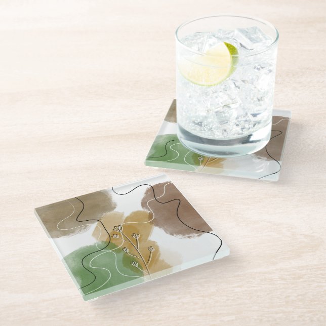 Botanischer Abtract Earth Tone Glasuntersetzer (Schrägansicht)