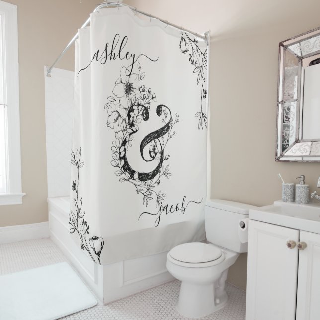 Botanischer Ampersand Monogram, Modernes Script Bl Duschvorhang (Beispiel)