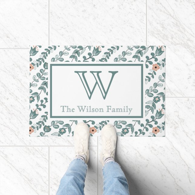 Botanischer Aquamariner Name Monogram Floral Muste Fußmatte (Indoor)