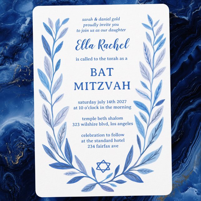 Botanischer Aquarellstern von David Bar Bat Mitzva Einladung (Botanical Watercolor Star of David Bar Bat Mitzvah Invitation
)
