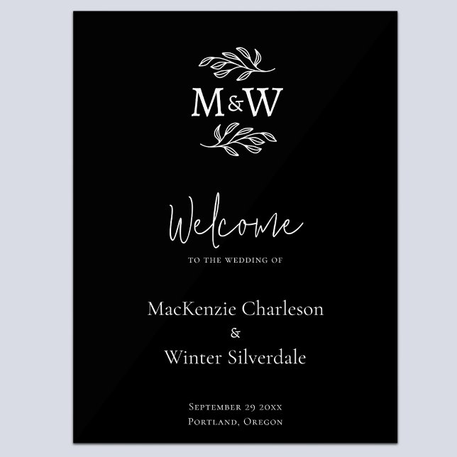Botanischer Begrüßungsempfang für das Wedelpaar Mo Acrylschild (Modern minimalist wedding couple monogram initial wedding welcome sign)