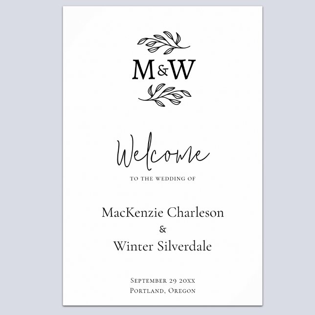 Botanischer Begrüßungsempfang für das Wedelpaar Mo Poster (Modern minimalist wedding couple monogram initial wedding welcome sign)