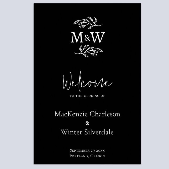Botanischer Begrüßungsempfang für das Wedelpaar Mo Poster (Modern minimalist wedding couple monogram initial wedding welcome sign)