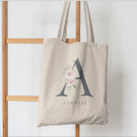 Botanischer Blumenbrief A Monogramm Tragetasche<br><div class="desc">Elegante Aquarellfarben,  rosa Blume und eine zarte Gartengrüne,  die auf dem Buchstaben "A" in der Schiefergrauen,  Monogramm Totbeutel schmückt. Bag verfügt über eine Textzeile aus Single-Vorlagen,  die mit dem Namen personalisiert wird.</div>