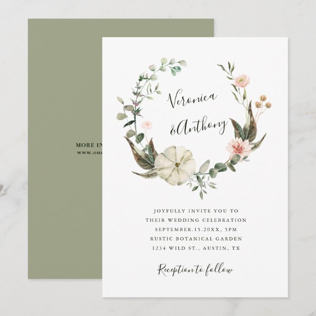 Botanischer Blumengarten Elegante Wreath Wedding Einladung (Vorne/Hinten)