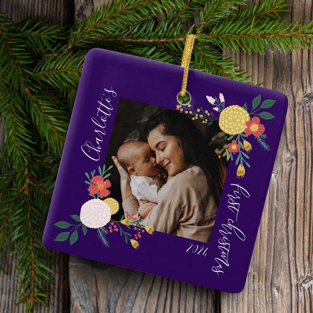 Botanischer Blumengarten Elegantes Foto Lila Keramikornament (Botanical Floral Garden Elegant Photo Frame Purple Ceramic Ornament)