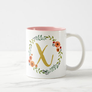 Botanischer Blumenkranz Gold Monogramm Initial X Zweifarbige Tasse