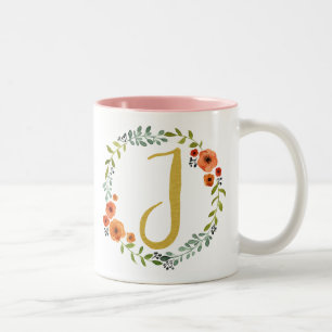 Botanischer Blumenkranz Goldenes Monogramm Initial Zweifarbige Tasse