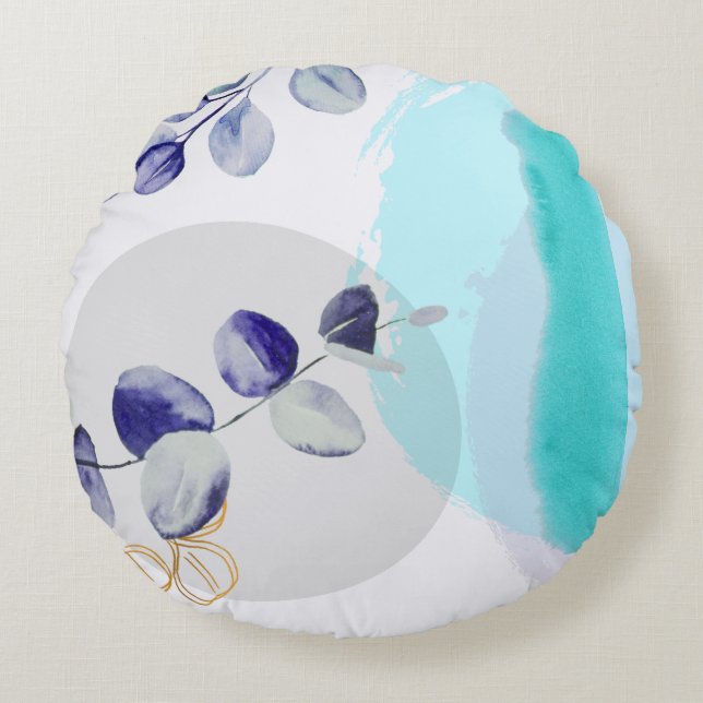 Botanischer Boho Cyan Lila Rundes Kissen (Vorderseite)
