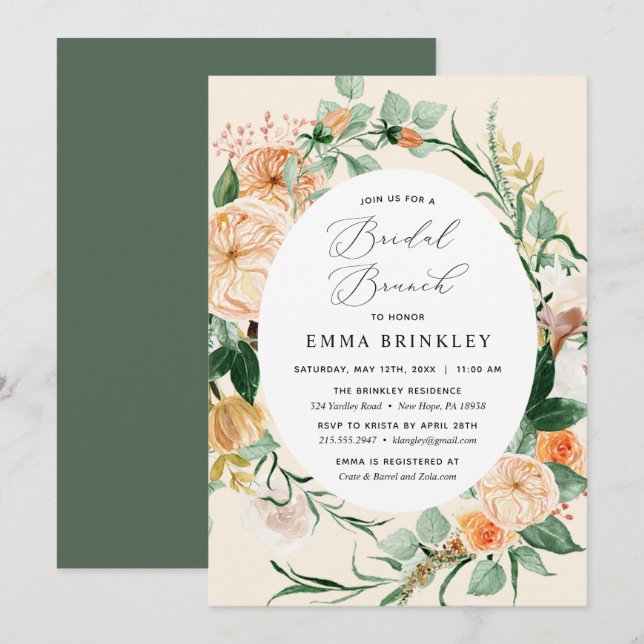 Botanischer Boho Neutral Peach Floral Bridal Brunc Einladung (Vorne/Hinten)
