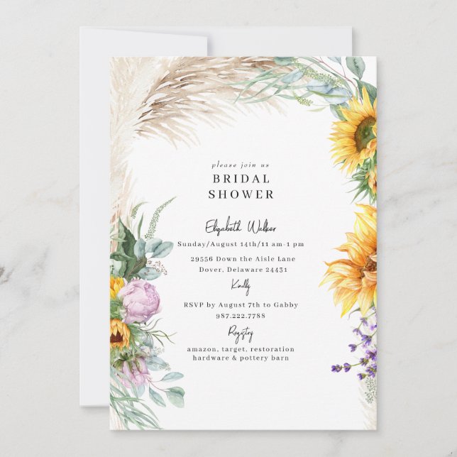 Botanischer Boho Pampas Sonnenblume Peony Bridal S Einladung (Vorderseite)