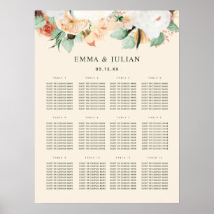 Botanischer Boho Peach Floral Wedding Chart Poster