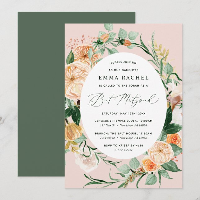 Botanischer Boho Personalisiert Blush Pink Bat Mit Einladung (Vorne/Hinten)