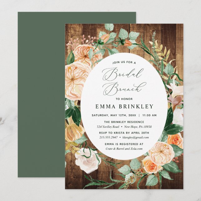 Botanischer Boho Woodgrain Bauernhof Bridal Brunch Einladung (Vorne/Hinten)