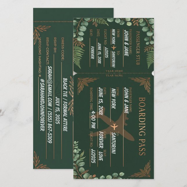 Botanischer Bordpass Waldgrün & Kupfer  Save The Date (Vorne/Hinten)