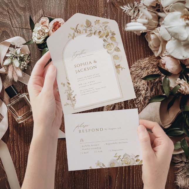 Botanischer Botanischer Botanischer Garten Hochzei All In One Einladung (Elegant Gold Botanical Floral Arch Wedding All In One Invitation)