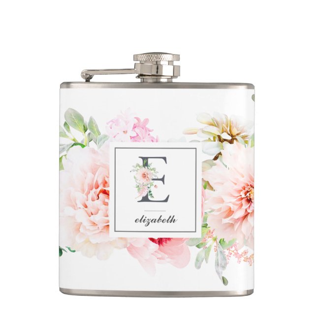 Botanischer Brief mit Wild Blush E Monogramm Flachmann (Vorderseite)