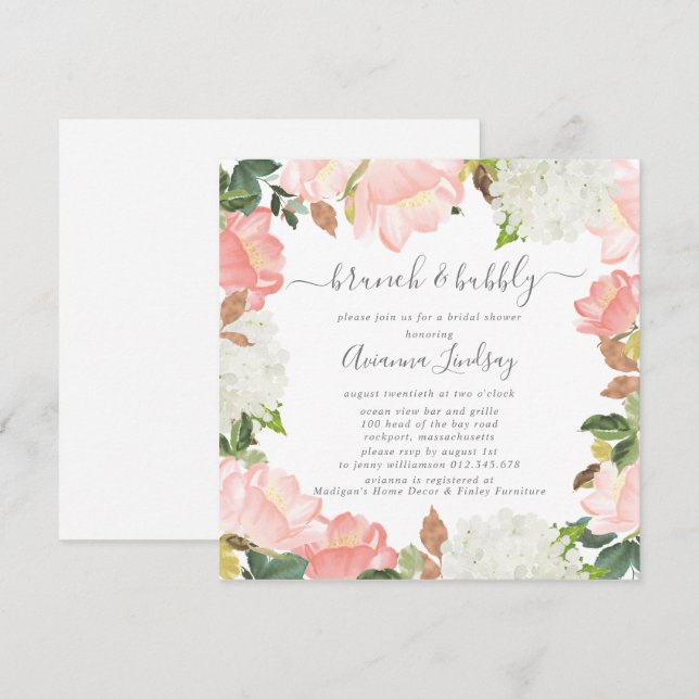 Botanischer Brunch und Bubbly, pink, weiß, floral Einladung (Vorne/Hinten)