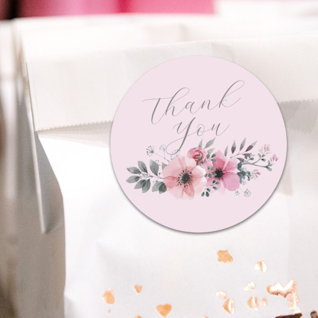 Botanischer Chic Blumengrau Pink Blume Vielen Dank Runder Aufkleber (Botanical chic floral grey pink flower Thank you Classic Round Sticker)
