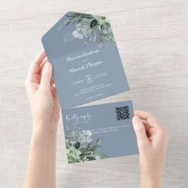 Botanischer Dusty Blue QR Code Hochzeit All In One Einladung