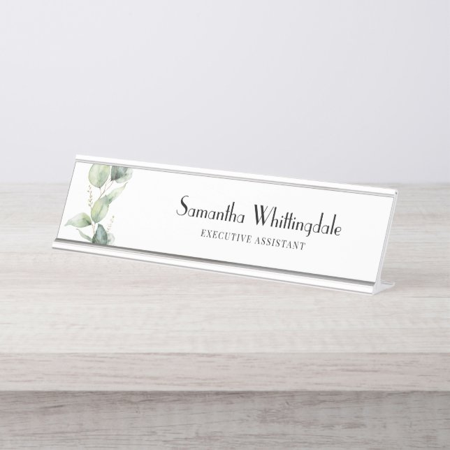 Botanischer Eukalyptus Beruflich Office Manager Schreibtischnamensplakette (Vorderseite )