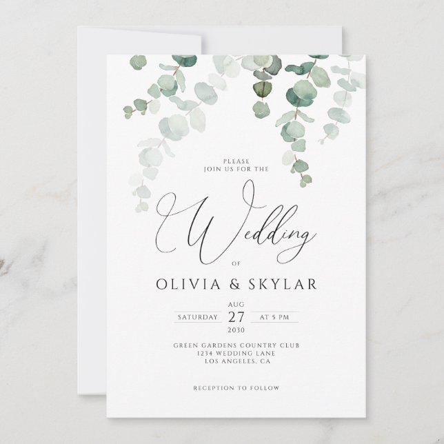 Botanischer Eukalyptus QR-Code bei einer Hochzeit Einladung (Vorderseite)