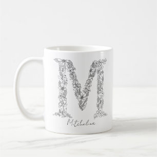 Botanischer floraler Monogramm-Schwarz-weißer Brie Kaffeetasse