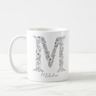 Botanischer floraler Monogramm-Schwarz-weißer Brie Kaffeetasse