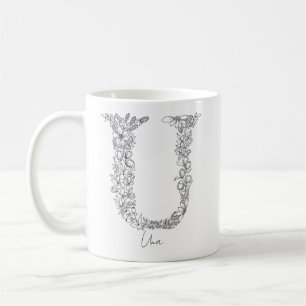 Botanischer floraler Monogramm-Schwarz-weißer Brie Kaffeetasse