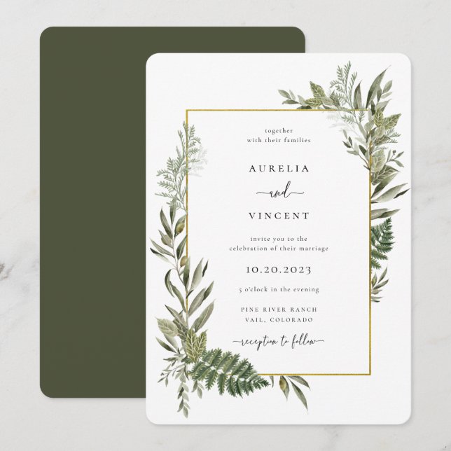 Botanischer Foliage Rahmen Olive Green Wedding Inv Einladung (Vorne/Hinten)