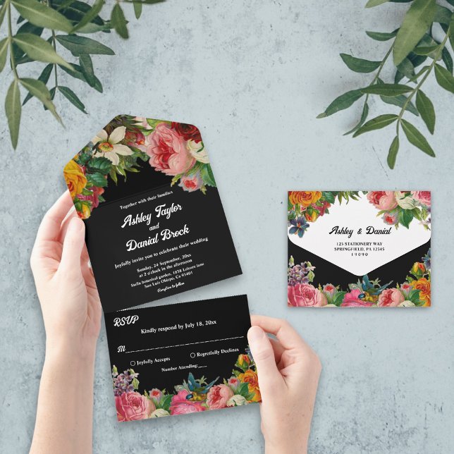 Botanischer Garten Boho Schwarze Flora Hochzeit All In One Einladung (Von Creator hochgeladen)