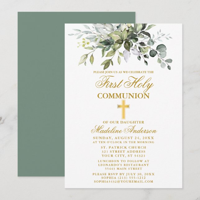 Botanischer Garten Gold Erstkommunion Einladung (Vorne/Hinten)