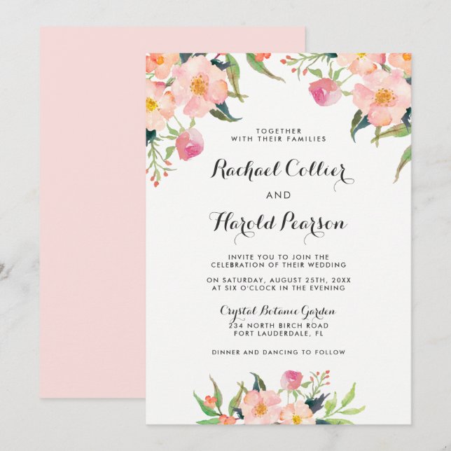 Botanischer Garten Hochzeit Wasserfarbe Blumen Einladung (Vorne/Hinten)