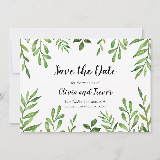 Botanischer Garten Wasserfarben Blätter Grüne Save The Date (Vorderseite)