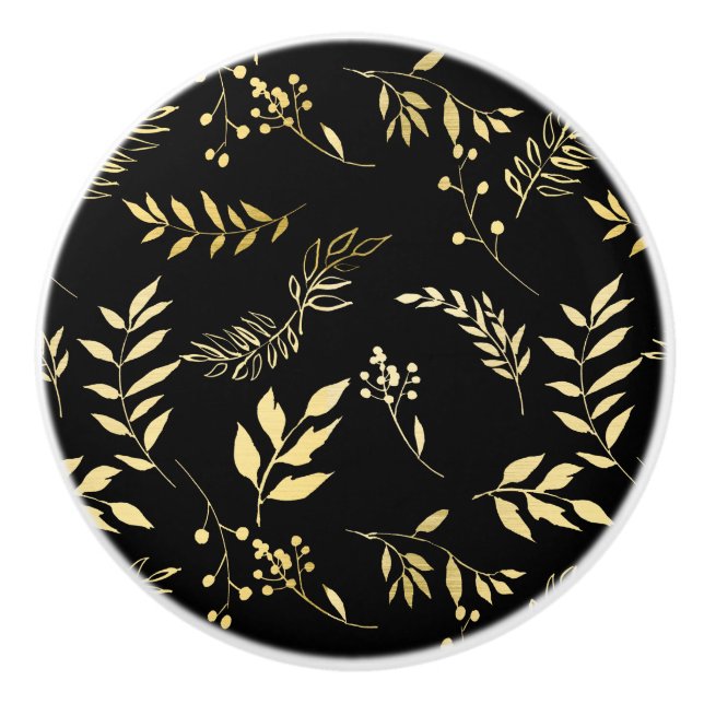 Botanischer Glamour Schwarz & Gold Blätter Keramikknauf (Vorderseite)