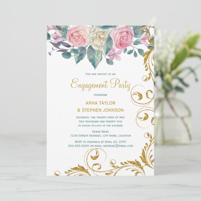 botanischer Gold Glitzer Wirbel Engagement Party Einladung (Stehend Vorderseite)
