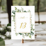 Botanischer Green Wedding Gold Glitzer Nummer 13, Tischnummer<br><div class="desc">Tabelle 13. Bitte Karo alle verfügbaren Nummern. | Diese Hochzeitsfeier Tischnummer zeigt gemalte Aquarell Eukalyptus Grünpflanzen und grüne Blätter mit einem Imitat Gold Glitzer rechteckigen Rahmen,  Text,  und Zahl. Für eine weiter gehende Anpassung dieses Designs klicken Sie bitte auf den BUTTON BLAU DESIGN TOOL oben!</div>