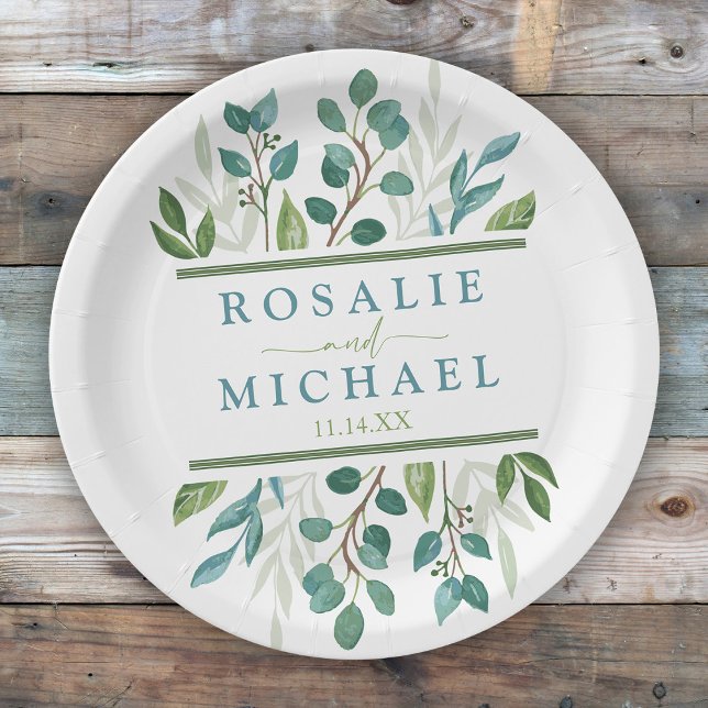 Botanischer Grüner Individuelle Name Pappteller (Botanical Greenery  Custom Wedding Paper Plates)