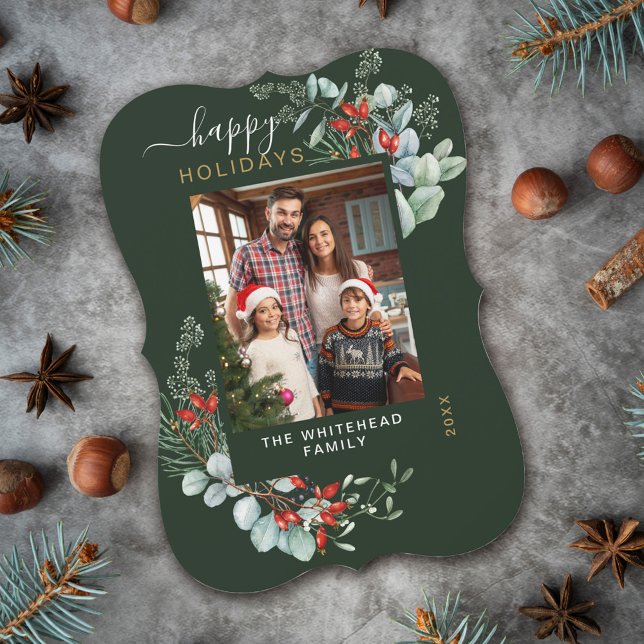 Botanischer Happy Holiday Foto Grün Feiertagskarte (You will love these beautiful Christmas cards! They feature botanical watercolor pine and berries.)