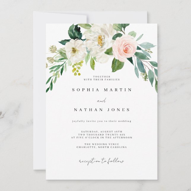 Botanischer Hochzeitsinv mit weißem, weißem Leder Einladung (Vorderseite)