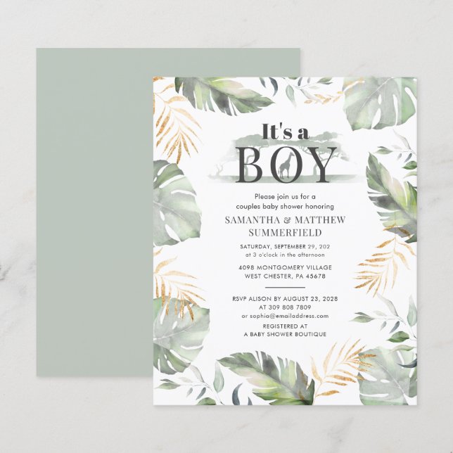 Botanischer Jungle Animal Boy Kinderdusche Einladu (Vorne/Hinten)