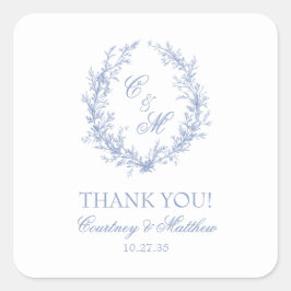 Botanischer Kranich Dusty Blue Monogram Vielen Dan Quadratischer Aufkleber