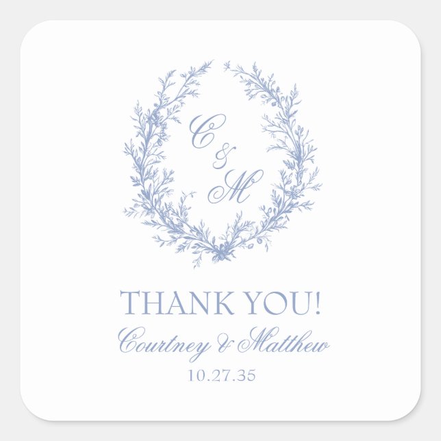 Botanischer Kranich Dusty Blue Monogram Vielen Dan Quadratischer Aufkleber (Vorderseite)