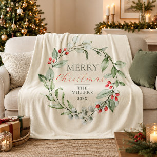 Botanischer Kranz Frohe Weihnachten Familienname Fleecedecke