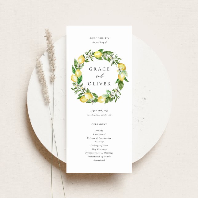 Botanischer Kranz mit Grünen Hochzeit Programm (Customizable Wedding Program Fan with Watercolor Lemons, Blossoms & Greenery Wreath)